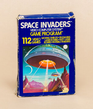 Space Invaders Atari 2600 CX2632 Original Game Box 1980 &mdash; Iconic Retro Videogame on Beige Background