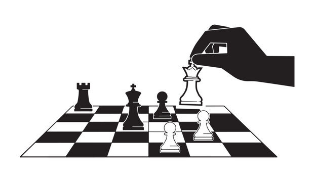 Hand moving queen piece on chess board in strategic game play black and white vector art.
