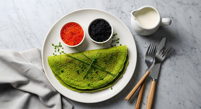 Green spinach crepe with red and black caviar on a marble table