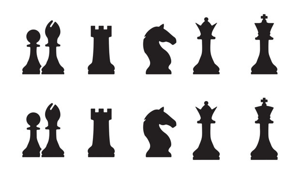 Classic chess piece silhouettes featuring pawn bishop rook knight queen and king shapes.