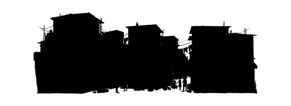 Silhouette of a crowded urban slum or shanty town with narrow alleyways and people vector art