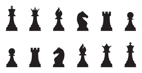 Vector chess icons showing king queen bishop knight rook and pawn in black silhouette. © VANU