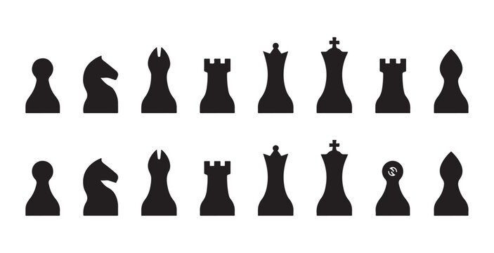 Set of 12 black simple chess icons with pawn knight bishop rook queen and king.