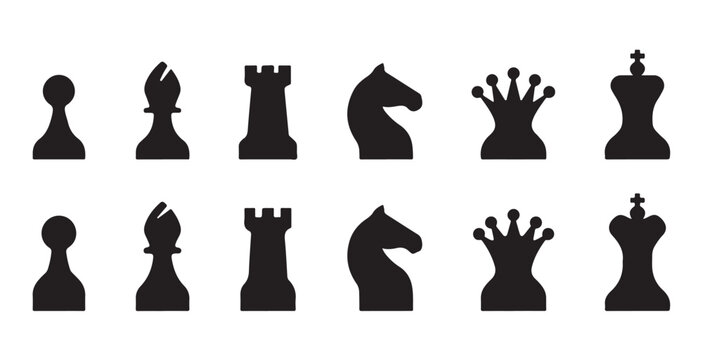 Vector set of chess icons featuring pawn bishop rook knight queen and king pieces.