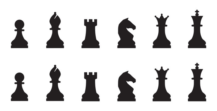 Set of black chess icons including pawn bishop rook knight queen and king.