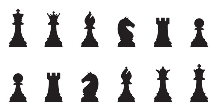 Vector chess icons showing king queen bishop knight rook and pawn in black silhouette.