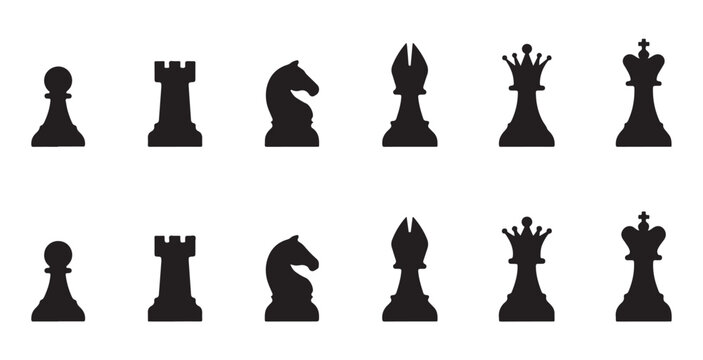 Chess game elements arranged in rows featuring pawn rook knight bishop queen king set.