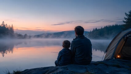 Fototapeta premium Father and child sitting together by a misty lake at dawn beside a tent, viewed from behind, peaceful camping morning