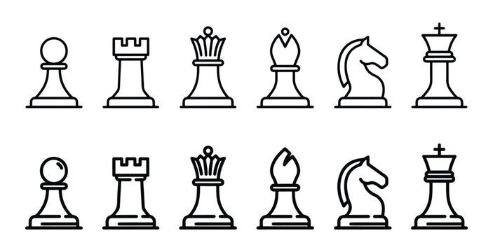 Outlined chess pieces set with pawn rook queen bishop knight king for board game design.