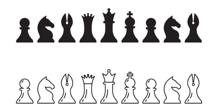 Diverse chess pieces in solid black and outlined styles vector collection for games.