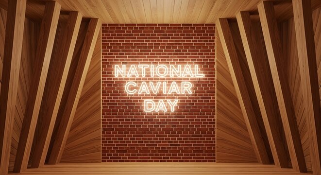 Neon sign with the text national caviar day on a red brick wall