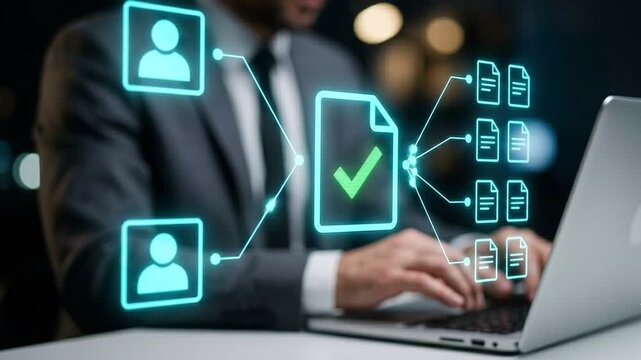 Secure Digital Identity and Document Verification Concept: Floating Cyan Holographic User Profiles, File Icons, and Green Checkmark Badge above Blurred Businessman with Laptop
