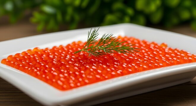 Fresh red salmon caviar served on a white plate with a sprig of dill