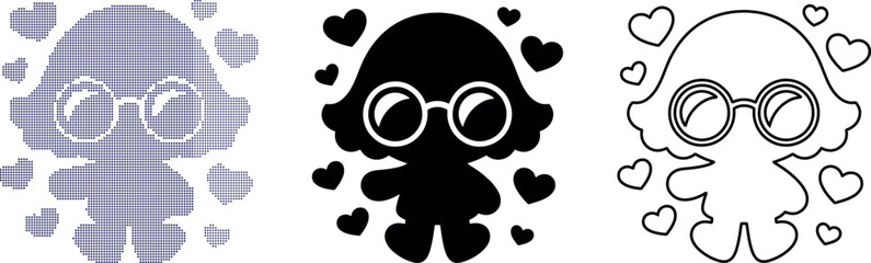 Cute octopus illustrations, heart designs, glasses characters, vector icons set © gradient_world