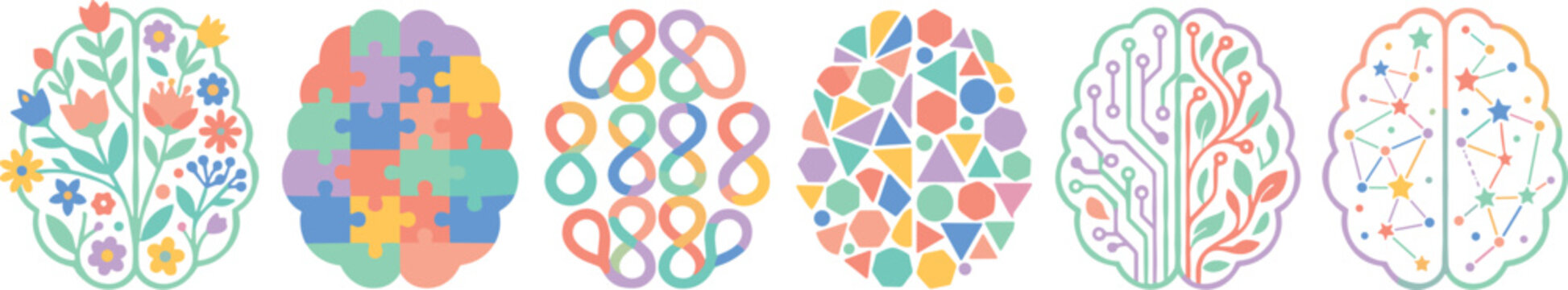 Neurodiversity and Mental Health Brain Icon Set Featuring Neurodivergent Diversity Concepts Flowers Puzzle Pieces Infinity Symbols Geometry Digital Circuits and Constellations