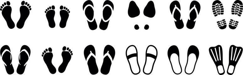 Set of black footprint and footwear including bare feet, sandals, and swim fins © Razvi hasan