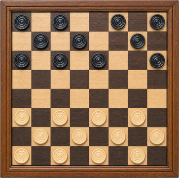 Classic wooden checkers board with pieces isolated on transparent background