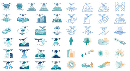 Fototapeta premium Drone scanning vector icon set for topographic mapping, Various drones performing radar scanning, LiDAR mapping, topography measurements, and data collection over buildings, vehicles, and landscapes.