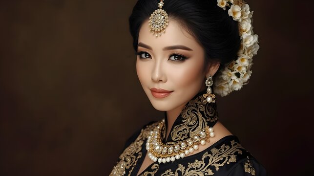 Portrait of a traditional Javanese bride wearing elegant kebaya and paes ageng makeup