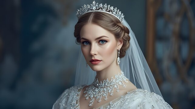 Ultra realistic Russian royal bride wearing luxurious embroidered wedding gown, crystal kokoshnik crown in winter palace