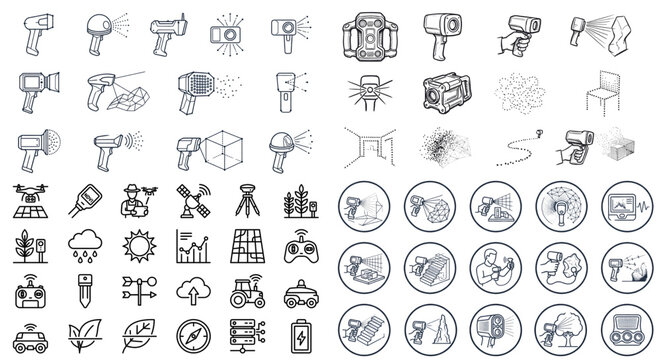 Handheld 3D scanner and smart farming outline icons, Line art outline icons showing handheld 3D laser scanners, LiDAR devices, smart farming symbols, and circular scanning process diagrams.