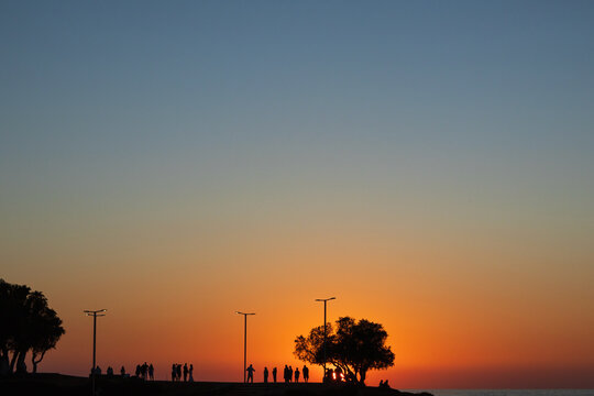Group of people enjoy sunset on sea beach in Crete. Silhouette of people and tree against setting sun, lifestyle background