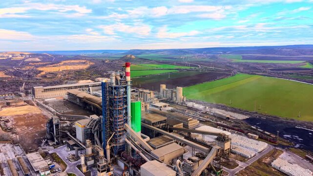 Cement factory with tall chimney and kiln in valley landscape. Large industrial complex with red white striped stack, blue steel structure and green tank surrounded by fields and hills.