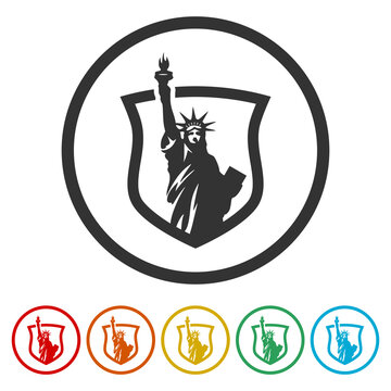 Statue of Liberty on Shield icon. Set icons in color circle buttons
