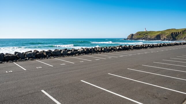 Empty asphalt parking area overlooks ocean waves crashing on rocky shore. Lighthouse stands on distant cliff under clear blue sky. Coastal landscape invites road trip travel.