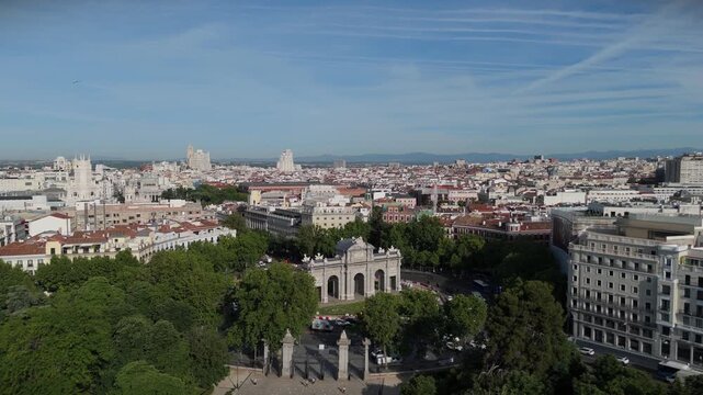 Panoramic aerial view of Madrid city center with Puerta de Alcala