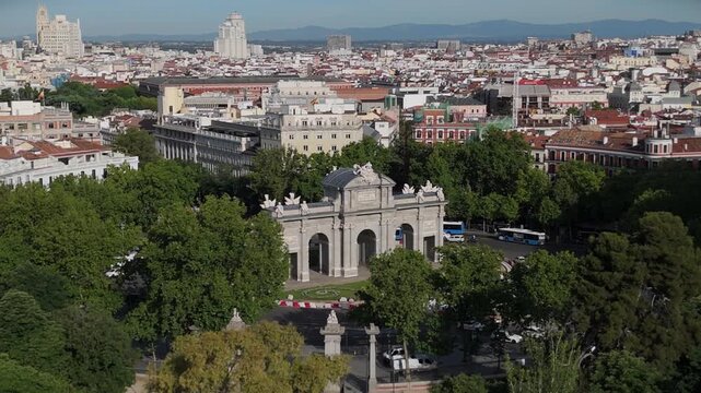 Aerial view of Puerta de Alcala gate landmark in Madrid