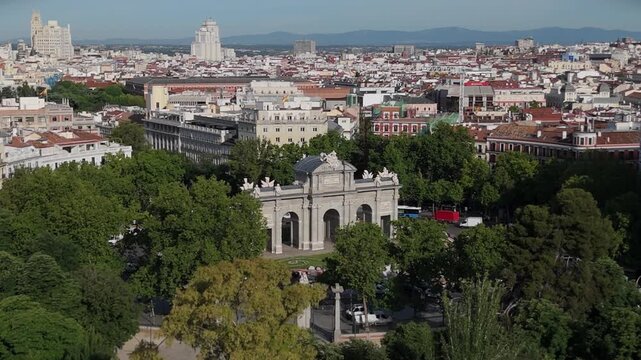 Drone tracking shot of Puerta de Alcala monument in Madrid