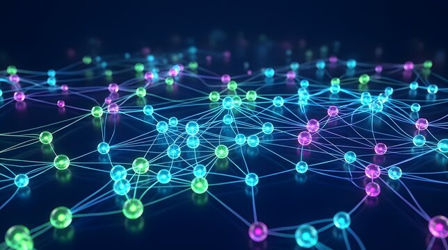Abstract glowing plexus network with colorful digital nodes background