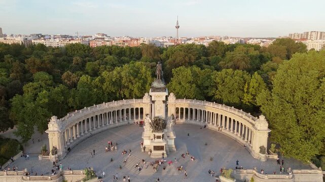 Drone shot of Alfonso XII monument colonnade in Madrid