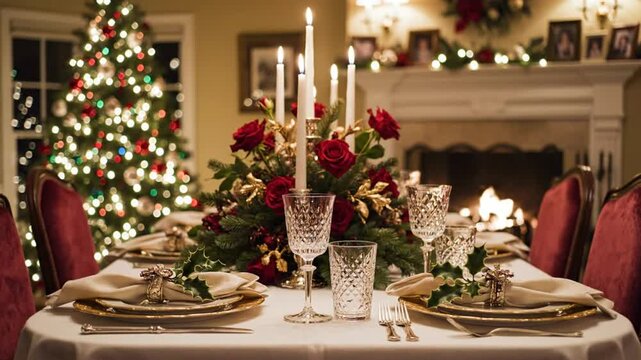 Festive Christmas table setting with lit candles, roses, and decorated dining room ready for a holiday feast