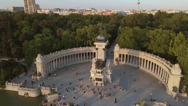 Top down aerial orbit of Alfonso XII monument structure