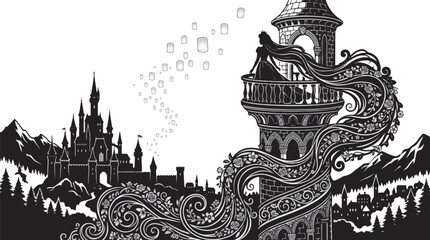 Naklejka premium Fantasy Princess in Tower with Lanterns and Castle Silhouette
