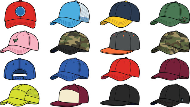 Baseball Cap Collection Set with Colorful Sports Hats Trucker Caps and Camouflage Headwear Icons for Fashion and Apparel Designs