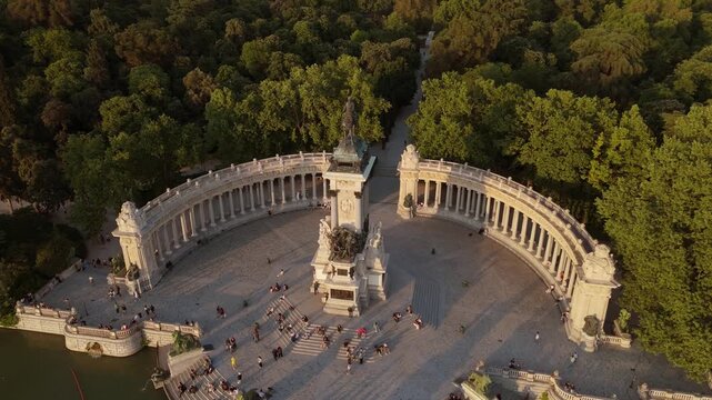 Top down aerial orbit of Alfonso XII monument structure