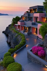 Fototapeta premium Colorful modern cliffside hotel villas with landscaped paths overlooking sea at sunset for travel poster and wallpaper