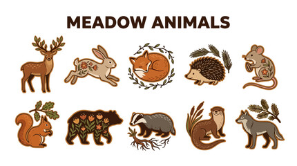 Collection of Adorable Meadow Animals in a Whimsical Style. © Jesica