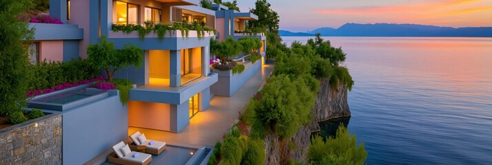 Obraz premium Panoramic cliffside modern villas at sunset for travel banner and coastal background with terraces and ocean view for luxury getaway design