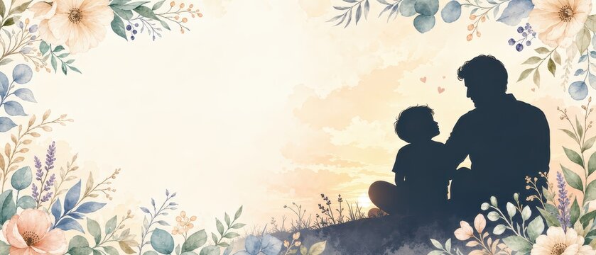 Tender father and child silhouette embraced by a delicate watercolor floral frame. Heartwarming Father's Day background featuring love, family connection, parenting, gratitude, care, and cherished mem
