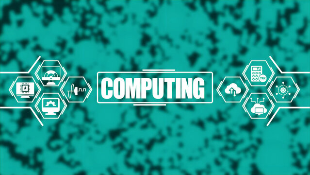 Computing concept displaying the word computing in a central box surrounded by various interconnected hexagonal on a textured teal background, with white outlines