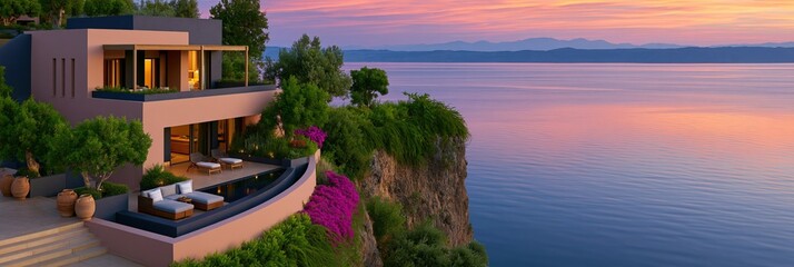 Obraz premium Modern luxury cliffside house with curved terrace overlooking calm sea at sunset for resort banner and background design