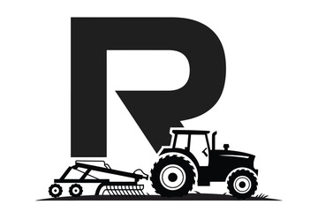 Black and white vector logo design featuring a tractor pulling farming equipment integrated with a bold letter R © ALBART