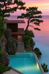 Obraz premium Cliffside modern villa with infinity pool at sunset over the ocean for coastal background and wallpaper design