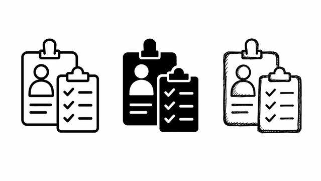 Icon set of clipboards with checklists and profiles in three styles: outline, solid, sketch