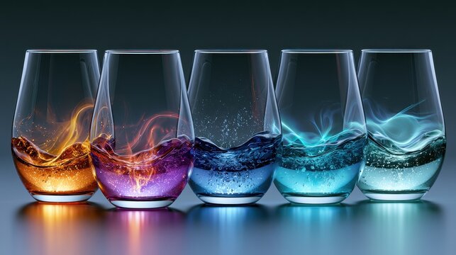 Five glasses filled with vibrant glowing liquids and magical energy on a dark background