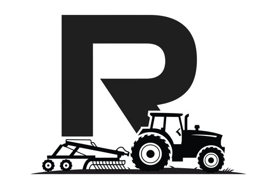 Black and white vector logo design featuring a tractor pulling farming equipment integrated with a bold letter R